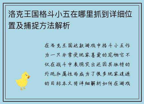 洛克王国格斗小五在哪里抓到详细位置及捕捉方法解析
